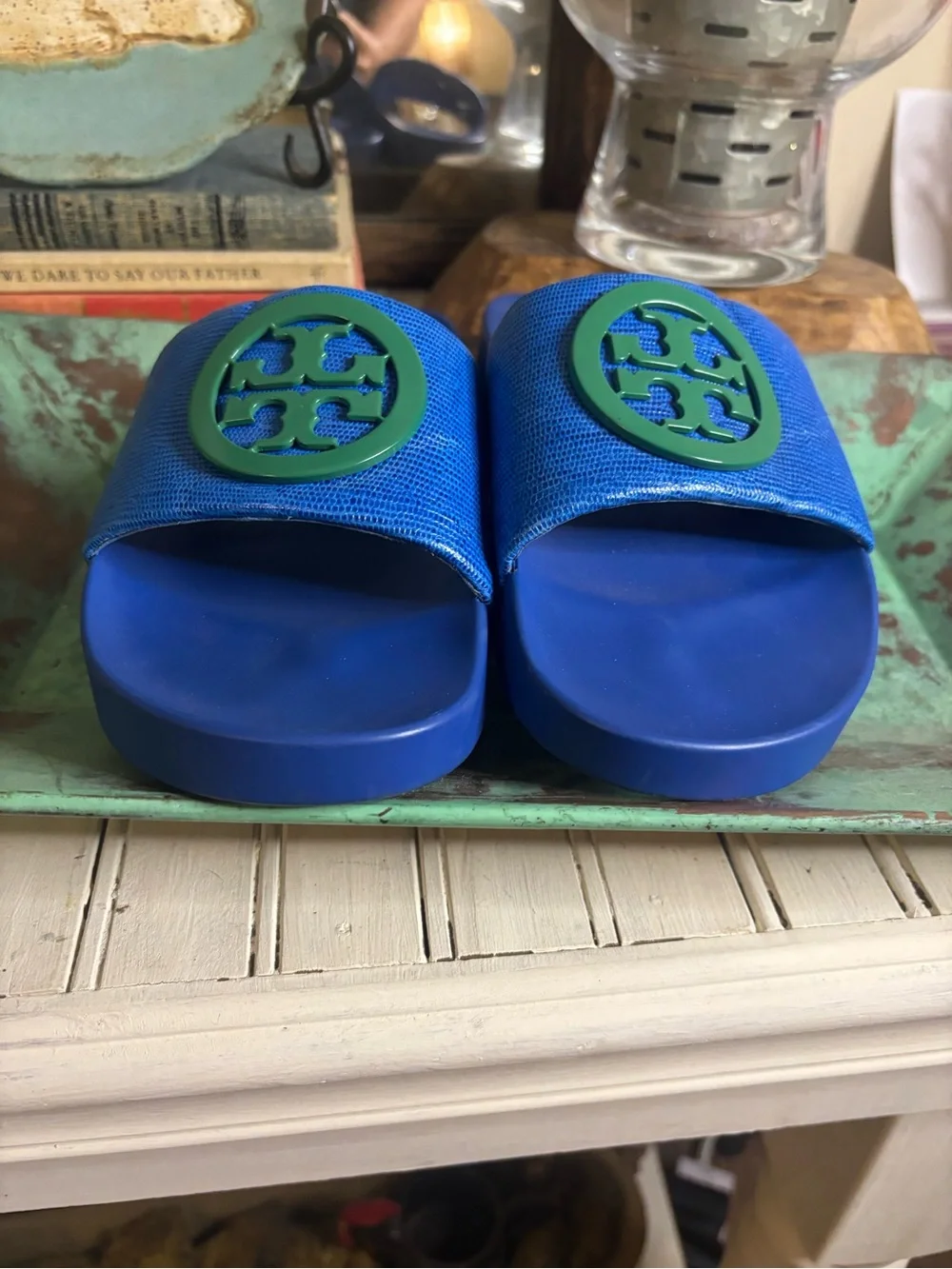 Tory Burch Blue Slide Sandals with Green Logo Medallions